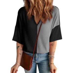 imageDokotoo Womens Summer Tops Fashion 2025 Half Sleeve Fluffy Touch Waffle Knit Shirts Casual V Neck Colorblock Patchwork BlouseB Black