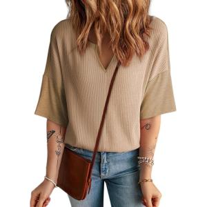 imageDokotoo Womens Summer Tops Fashion 2025 Half Sleeve Fluffy Touch Waffle Knit Shirts Casual V Neck Colorblock Patchwork BlouseB Gray