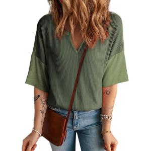 imageDokotoo Womens Summer Tops Fashion 2025 Half Sleeve Fluffy Touch Waffle Knit Shirts Casual V Neck Colorblock Patchwork BlouseB Green