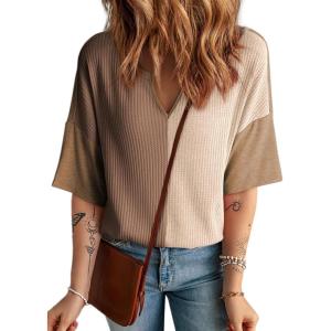 imageDokotoo Womens Summer Tops Fashion 2025 Half Sleeve Fluffy Touch Waffle Knit Shirts Casual V Neck Colorblock Patchwork BlouseBrown