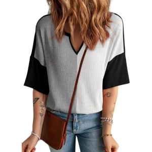 imageDokotoo Womens Summer Tops Fashion 2025 Half Sleeve Fluffy Touch Waffle Knit Shirts Casual V Neck Colorblock Patchwork BlouseGray