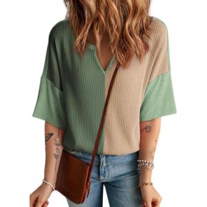 imageDokotoo Womens Summer Tops Fashion 2025 Half Sleeve Fluffy Touch Waffle Knit Shirts Casual V Neck Colorblock Patchwork BlouseGreen