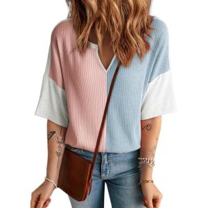 imageDokotoo Womens Summer Tops Fashion 2025 Half Sleeve Fluffy Touch Waffle Knit Shirts Casual V Neck Colorblock Patchwork BlouseLight Pink