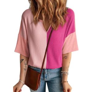 imageDokotoo Womens Summer Tops Fashion 2025 Half Sleeve Fluffy Touch Waffle Knit Shirts Casual V Neck Colorblock Patchwork BlousePink