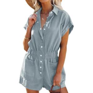 imageDokotoo Womens Summer Trooper Utility Cargo Rompers Short Sleeve Button Down Pockets JumpsuitsBeau Blue