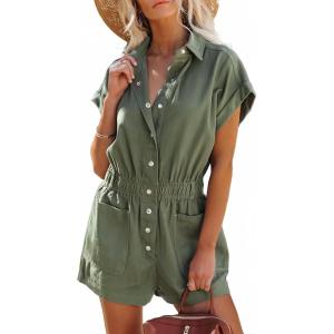 imageDokotoo Womens Summer Trooper Utility Cargo Rompers Short Sleeve Button Down Pockets JumpsuitsJungle Green