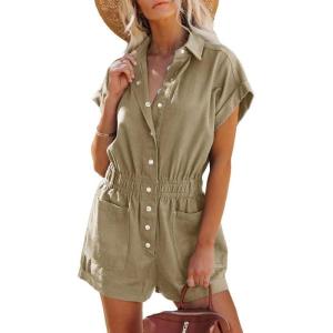 imageDokotoo Womens Summer Trooper Utility Cargo Rompers Short Sleeve Button Down Pockets JumpsuitsPale Khaki