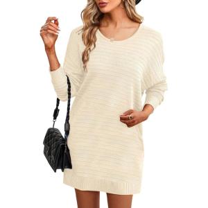 imageDokotoo Womens Sweater Dresses 2025 Trendy Casual Crew Neck Long Sleeve Textured Pullover Knit DressBeige