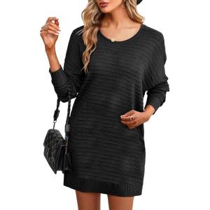 imageDokotoo Womens Sweater Dresses 2025 Trendy Casual Crew Neck Long Sleeve Textured Pullover Knit DressBlack