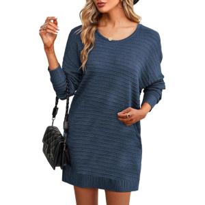 imageDokotoo Womens Sweater Dresses 2025 Trendy Casual Crew Neck Long Sleeve Textured Pullover Knit DressBlue
