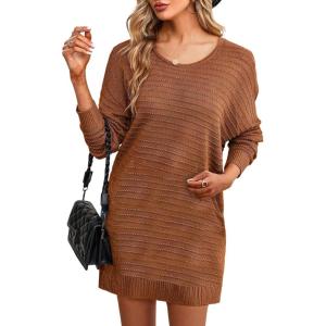 imageDokotoo Womens Sweater Dresses 2025 Trendy Casual Crew Neck Long Sleeve Textured Pullover Knit DressBrown