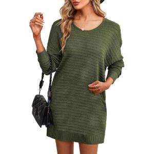 imageDokotoo Womens Sweater Dresses 2025 Trendy Casual Crew Neck Long Sleeve Textured Pullover Knit DressGreen