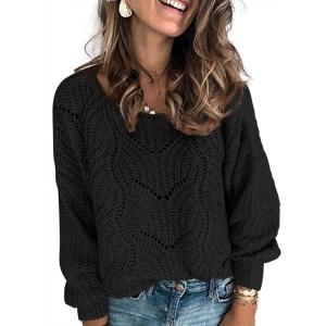 imageDokotoo Womens Sweaters 2025 Crewneck Cute Elegant Soft Long Sleeve Hollow Cable Knit Pullover TopsBlack