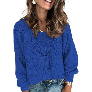 imageDokotoo Womens Sweaters 2025 Crewneck Cute Elegant Soft Long Sleeve Hollow Cable Knit Pullover TopsBlue