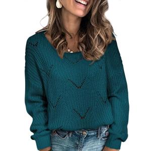 imageDokotoo Womens Sweaters 2025 Crewneck Cute Elegant Soft Long Sleeve Hollow Cable Knit Pullover TopsDark Blue