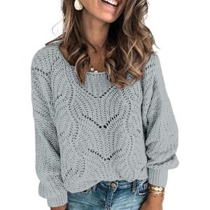 imageDokotoo Womens Sweaters 2025 Crewneck Cute Elegant Soft Long Sleeve Hollow Cable Knit Pullover TopsGray