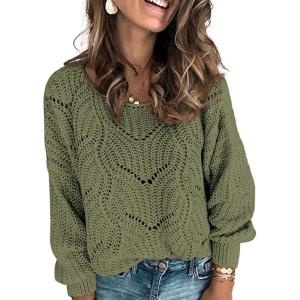 imageDokotoo Womens Sweaters 2025 Crewneck Cute Elegant Soft Long Sleeve Hollow Cable Knit Pullover TopsGreen 3