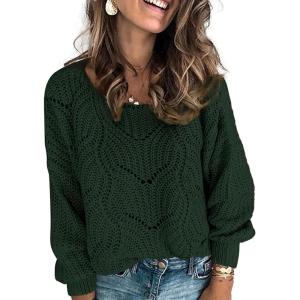 imageDokotoo Womens Sweaters 2025 Crewneck Cute Elegant Soft Long Sleeve Hollow Cable Knit Pullover TopsGreen