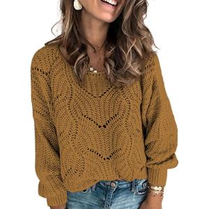 imageDokotoo Womens Sweaters 2025 Crewneck Cute Elegant Soft Long Sleeve Hollow Cable Knit Pullover TopsKhaki 2