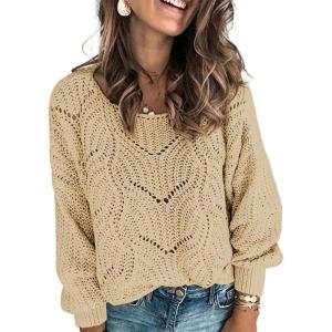imageDokotoo Womens Sweaters 2025 Crewneck Cute Elegant Soft Long Sleeve Hollow Cable Knit Pullover TopsKhaki