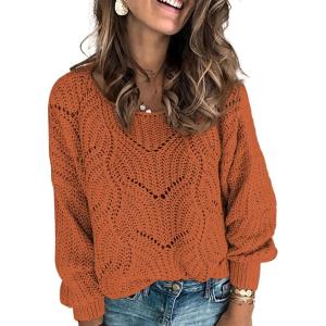 imageDokotoo Womens Sweaters 2025 Crewneck Cute Elegant Soft Long Sleeve Hollow Cable Knit Pullover TopsOrange