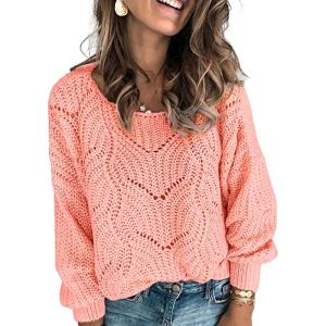 imageDokotoo Womens Sweaters 2025 Crewneck Cute Elegant Soft Long Sleeve Hollow Cable Knit Pullover TopsPink