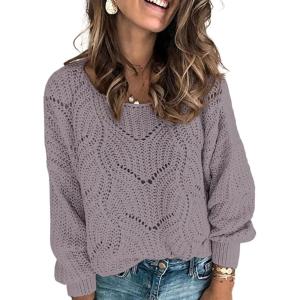 imageDokotoo Womens Sweaters 2025 Crewneck Cute Elegant Soft Long Sleeve Hollow Cable Knit Pullover TopsPurple