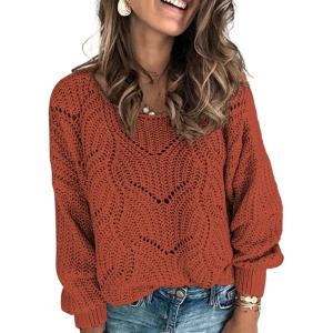 imageDokotoo Womens Sweaters 2025 Crewneck Cute Elegant Soft Long Sleeve Hollow Cable Knit Pullover TopsRed