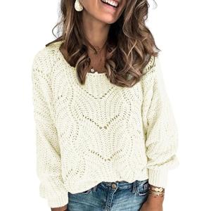 imageDokotoo Womens Sweaters 2025 Crewneck Cute Elegant Soft Long Sleeve Hollow Cable Knit Pullover TopsWhite