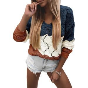 imageDokotoo Womens Sweaters 2025 Crewneck Cute Elegant Soft Long Sleeve Hollow Cable Knit Pullover TopsZ1 Navy Blue