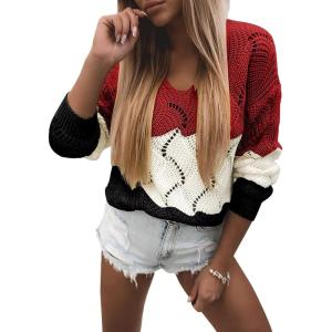 imageDokotoo Womens Sweaters 2025 Crewneck Cute Elegant Soft Long Sleeve Hollow Cable Knit Pullover TopsZ1 Red