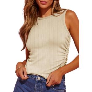 imageDokotoo Womens Tank Tops Summer Sleeveless High Neck Ribbed Knit Slim Fitted Blouse Side Ruched Basic Tees ShirtsApricot