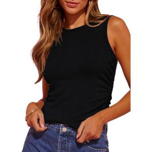 imageDokotoo Womens Tank Tops Summer Sleeveless High Neck Ribbed Knit Slim Fitted Blouse Side Ruched Basic Tees ShirtsBlack