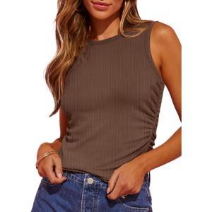 imageDokotoo Womens Tank Tops Summer Sleeveless High Neck Ribbed Knit Slim Fitted Blouse Side Ruched Basic Tees ShirtsBrown