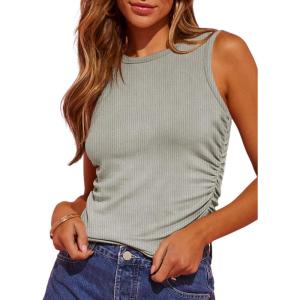 imageDokotoo Womens Tank Tops Summer Sleeveless High Neck Ribbed Knit Slim Fitted Blouse Side Ruched Basic Tees ShirtsGray