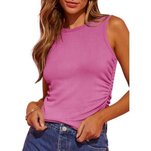 imageDokotoo Womens Tank Tops Summer Sleeveless High Neck Ribbed Knit Slim Fitted Blouse Side Ruched Basic Tees ShirtsHot Pink