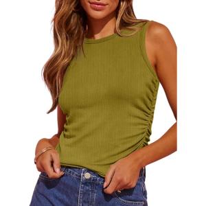 imageDokotoo Womens Tank Tops Summer Sleeveless High Neck Ribbed Knit Slim Fitted Blouse Side Ruched Basic Tees ShirtsJungle Green