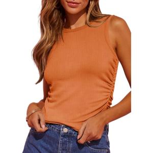 imageDokotoo Womens Tank Tops Summer Sleeveless High Neck Ribbed Knit Slim Fitted Blouse Side Ruched Basic Tees ShirtsOrange