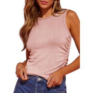 imageDokotoo Womens Tank Tops Summer Sleeveless High Neck Ribbed Knit Slim Fitted Blouse Side Ruched Basic Tees ShirtsPink