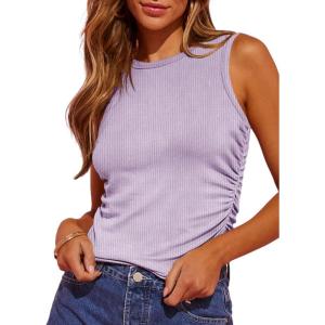 imageDokotoo Womens Tank Tops Summer Sleeveless High Neck Ribbed Knit Slim Fitted Blouse Side Ruched Basic Tees ShirtsPurple