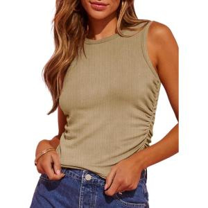 imageDokotoo Womens Tank Tops Summer Sleeveless High Neck Ribbed Knit Slim Fitted Blouse Side Ruched Basic Tees ShirtsSmoke Gray