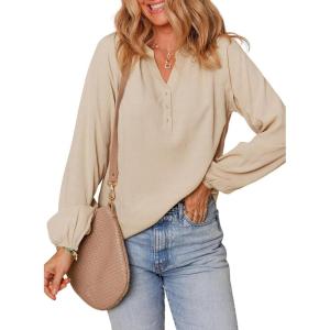 imageDokotoo Womens Tops Dressy Casual Lantern Long Sleeve Shirts Fall Outfits Textured Business Blouses V Neck Button Down ShirtsBeige