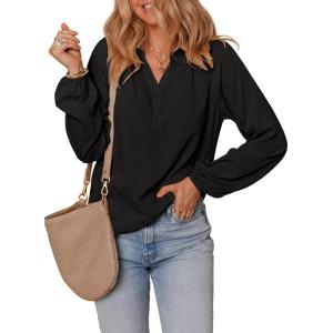 imageDokotoo Womens Tops Dressy Casual Lantern Long Sleeve Shirts Fall Outfits Textured Business Blouses V Neck Button Down ShirtsBlack