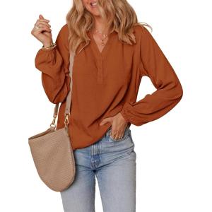 imageDokotoo Womens Tops Dressy Casual Lantern Long Sleeve Shirts Fall Outfits Textured Business Blouses V Neck Button Down ShirtsBrown