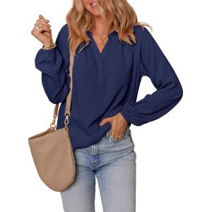 imageDokotoo Womens Tops Dressy Casual Lantern Long Sleeve Shirts Fall Outfits Textured Business Blouses V Neck Button Down ShirtsNavy Blue