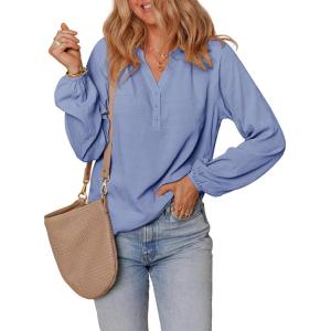 imageDokotoo Womens Tops Dressy Casual Lantern Long Sleeve Shirts Fall Outfits Textured Business Blouses V Neck Button Down ShirtsSky Blue