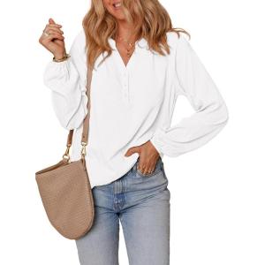 imageDokotoo Womens Tops Dressy Casual Lantern Long Sleeve Shirts Fall Outfits Textured Business Blouses V Neck Button Down ShirtsWhite