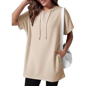 imageDokotoo Womens Tops Dressy Casual Short Sleeve Oversized Tshirts Summer Hoodie Dress Tunics Tops Loose Fit Long ShirtsApricot