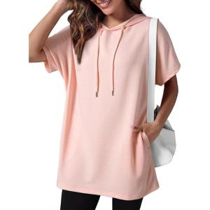 imageDokotoo Womens Tops Dressy Casual Short Sleeve Oversized Tshirts Summer Hoodie Dress Tunics Tops Loose Fit Long ShirtsApricot Pink