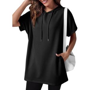 imageDokotoo Womens Tops Dressy Casual Short Sleeve Oversized Tshirts Summer Hoodie Dress Tunics Tops Loose Fit Long ShirtsBlack